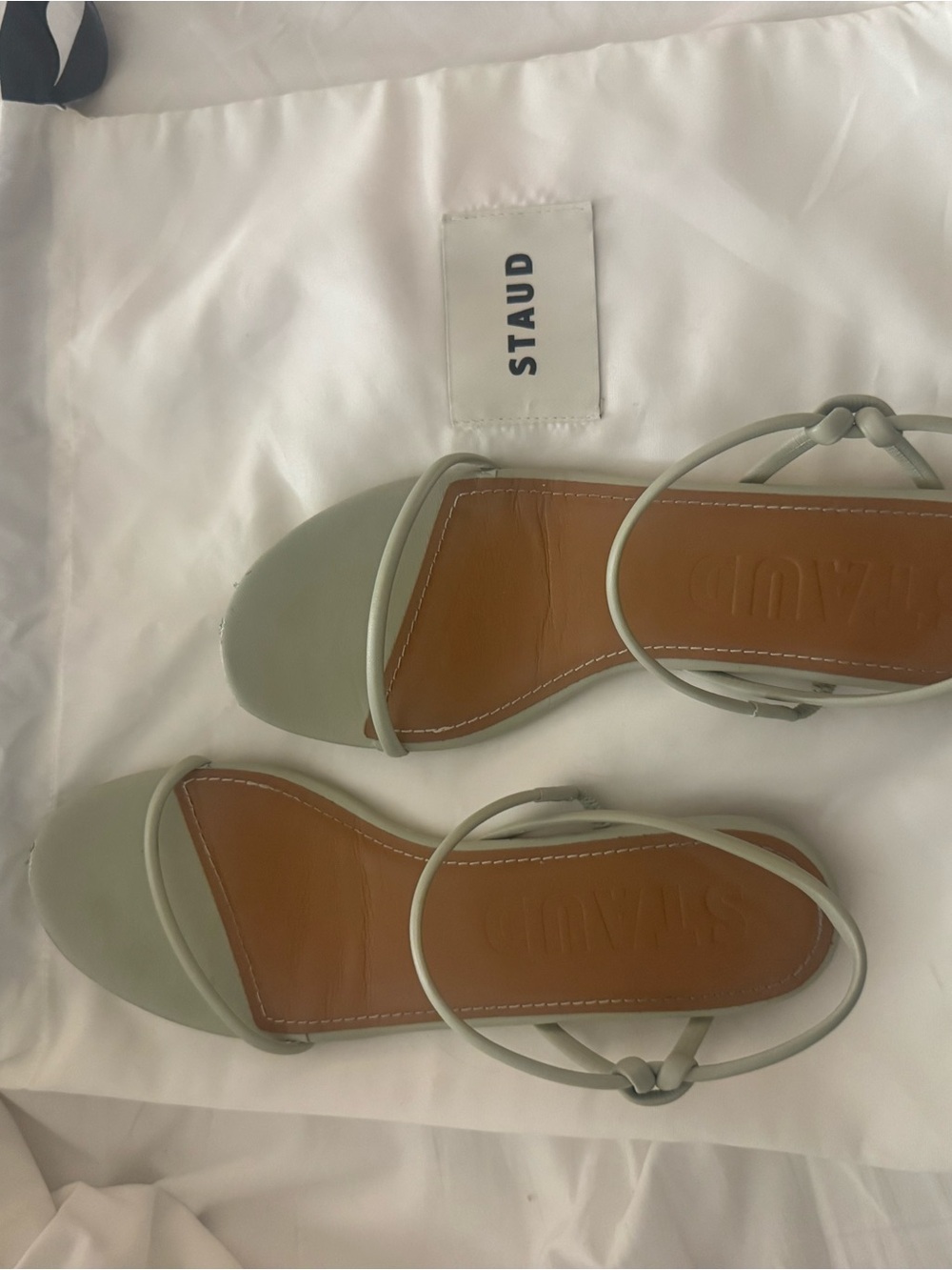 STAUD Sage, jade Green Knot-Strap Leather Sandals